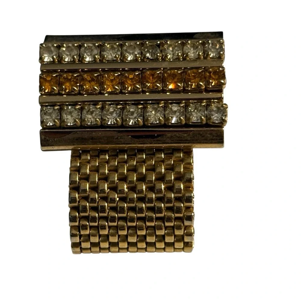 Vintage Cufflinks Yellow & Clear Rhinestone Gold Tone Mesh Wrap Around MCM Retro
